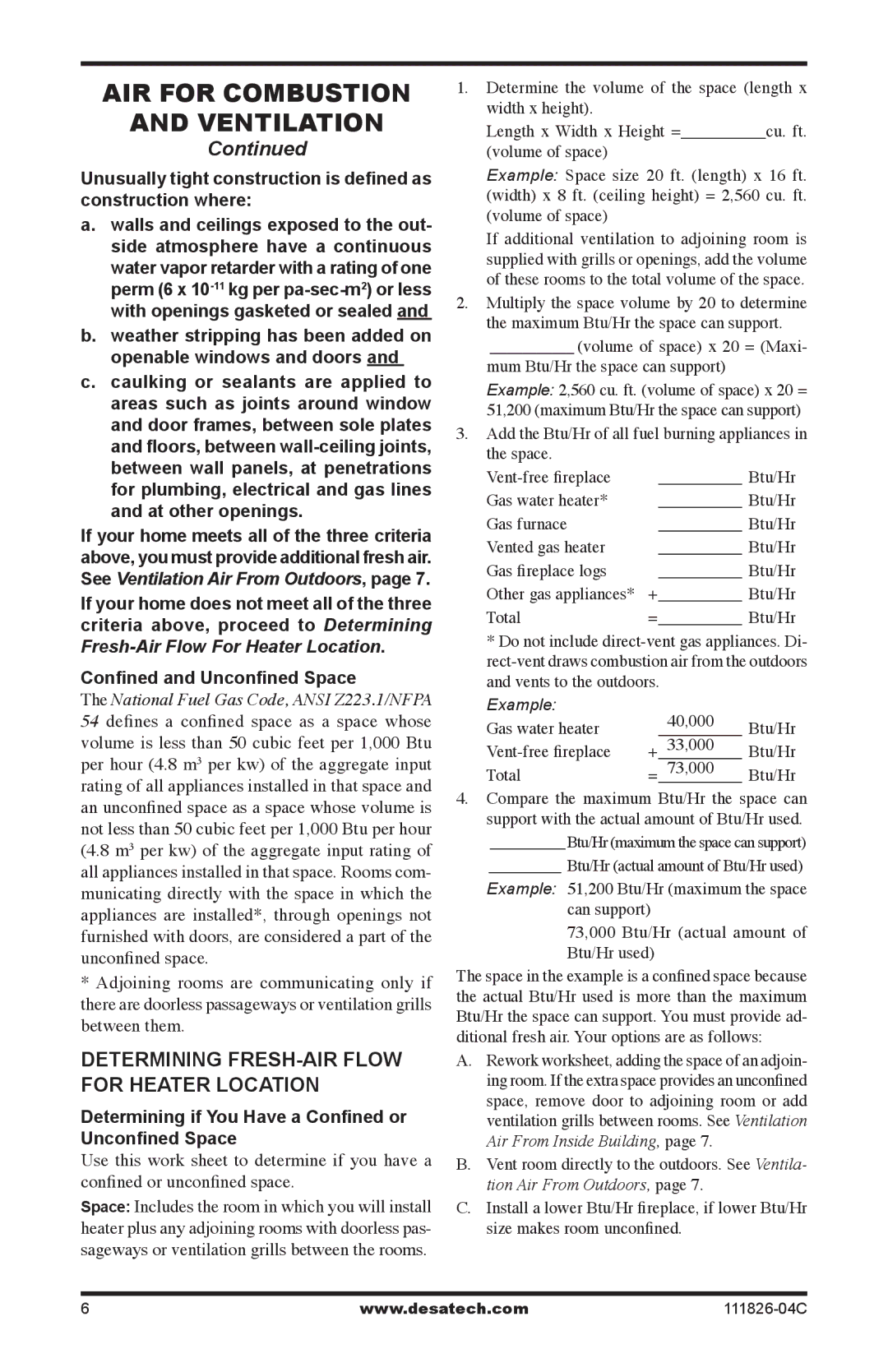Desa VF-30N-PJD installation manual Determining fresh-air flow for heater location, Confined and Unconfined Space 