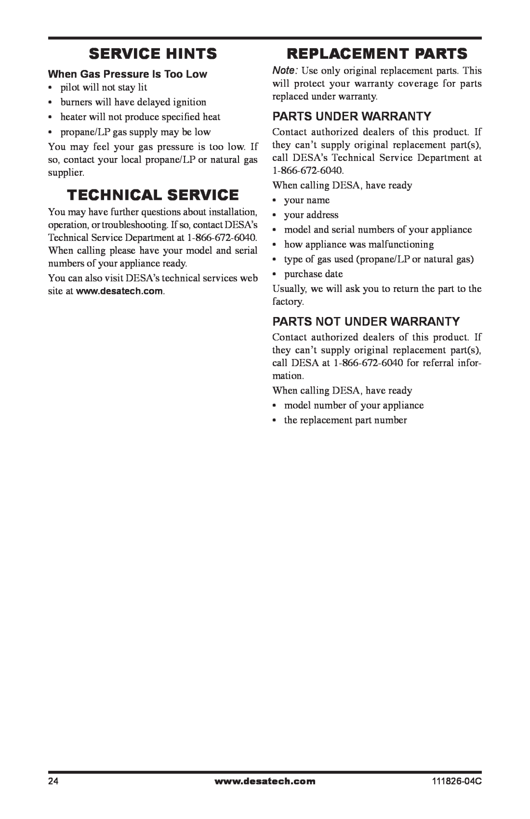 Desa VF-30N-PJD Service Hints, Technical Service, Replacement Parts, Parts Under Warranty, Parts Not Under Warranty 
