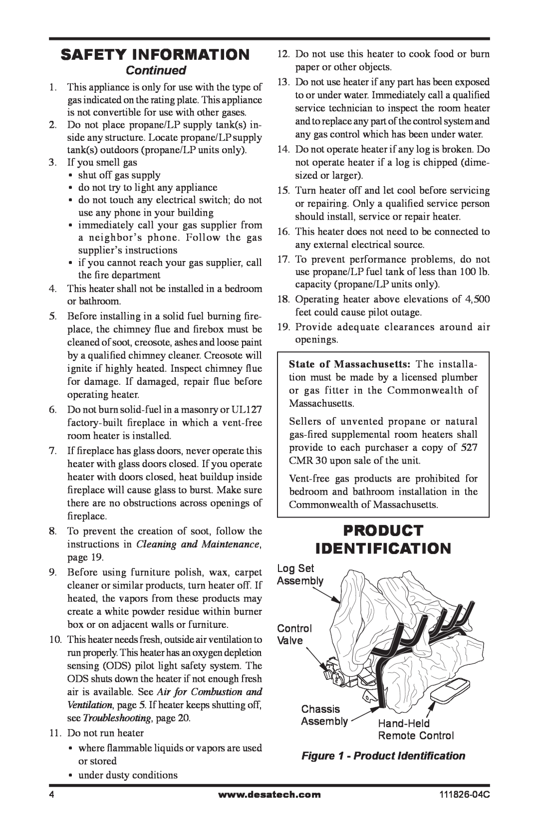 Desa VF-30N-PJD installation manual safety information, Product Identification, Continued 