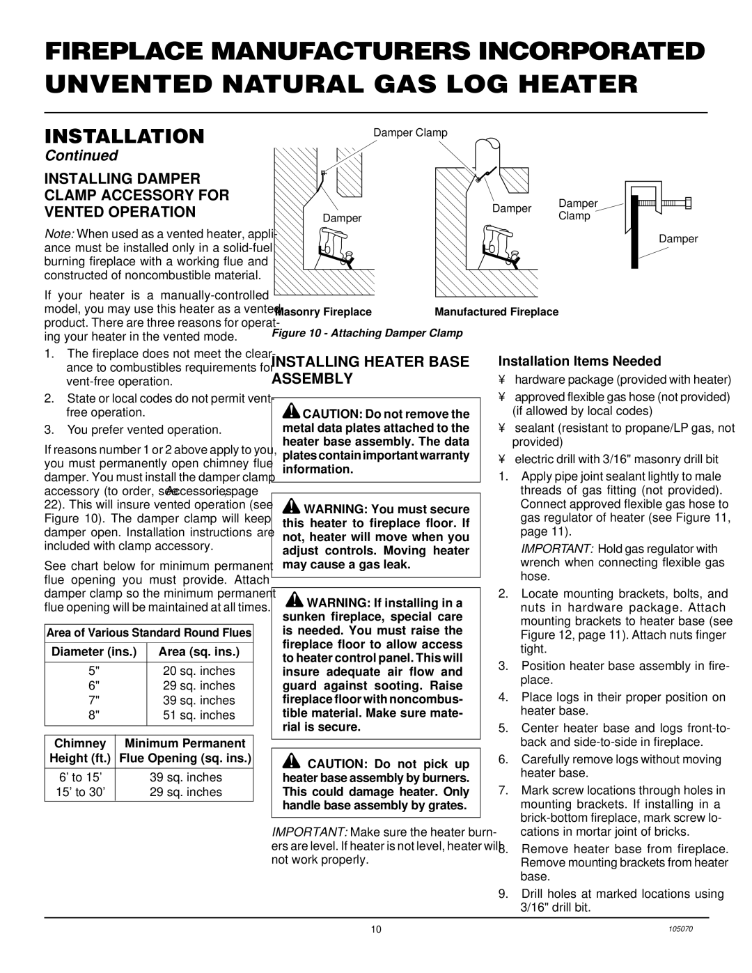 Desa VFN24MV VFN30MV Installing Damper Clamp Accessory for Vented Operation, Installing Heater Base Assembly 