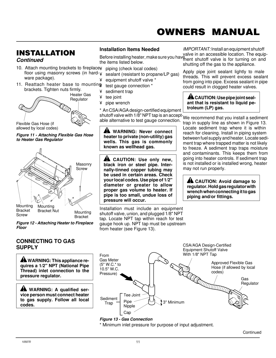 Desa VFN24MV VFN30MV installation manual Connecting to GAS Supply, Attaching Flexible Gas Hose to Heater Gas Regulator 