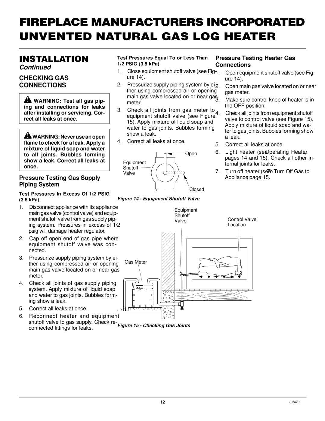 Desa VFN24MV VFN30MV installation manual Checking GAS Connections, Pressure Testing Gas Supply Piping System 