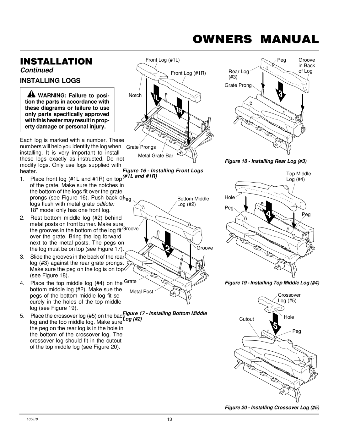 Desa VFN24MV VFN30MV installation manual Installing Logs, Installing Front Logs #1L and #1R 