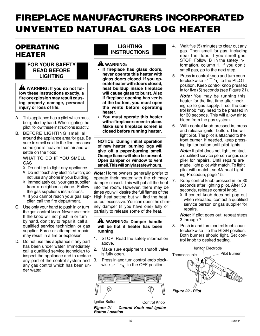 Desa VFN24MV VFN30MV installation manual Operating Heater, For Your Safety Read Before Lighting, Lighting Instructions 