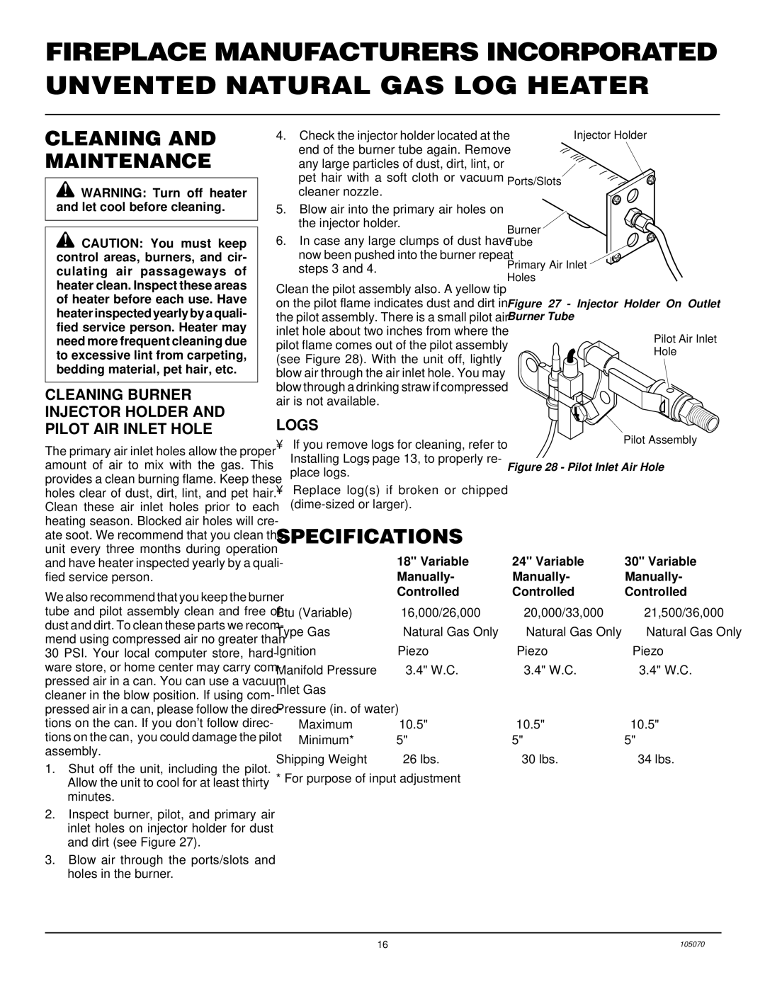 Desa VFN24MV VFN30MV Cleaning and Maintenance, Specifications, Cleaning Burner Injector Holder and Pilot AIR Inlet Hole 