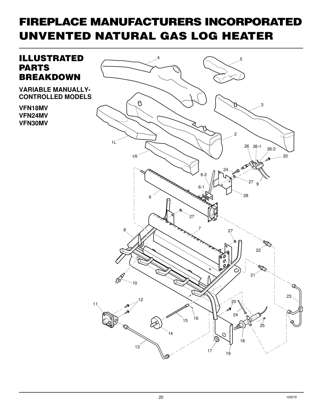 Desa installation manual Illustrated Parts Breakdown, Variable Manually Controlled Models VFN18MV VFN24MV VFN30MV 