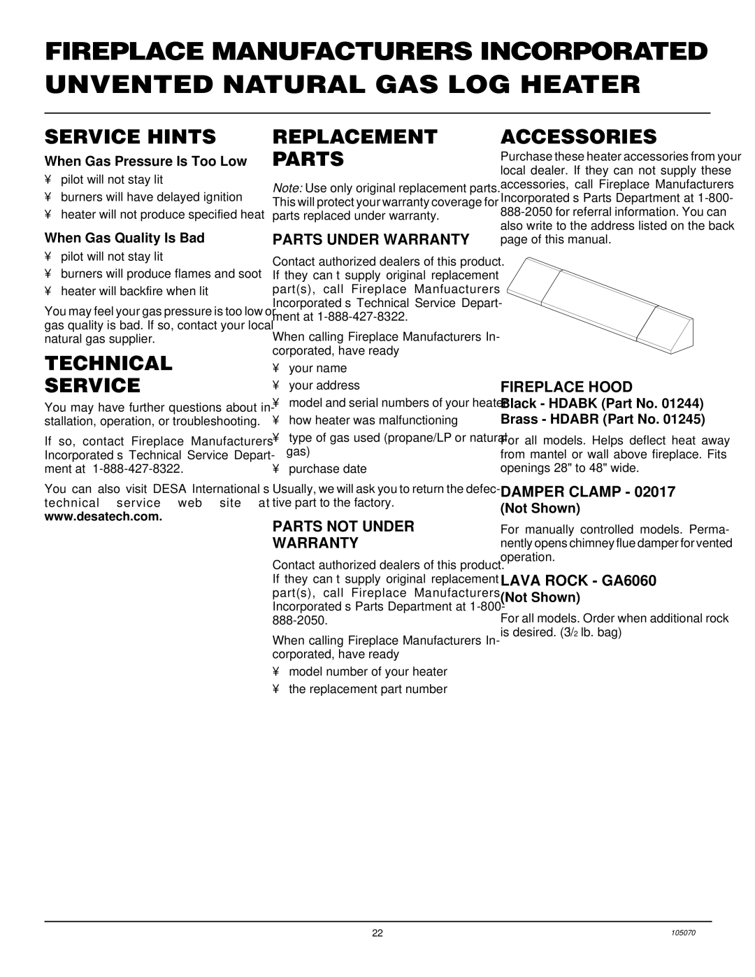 Desa VFN24MV VFN30MV installation manual Service Hints, Technical Service, Replacement Parts, Accessories 