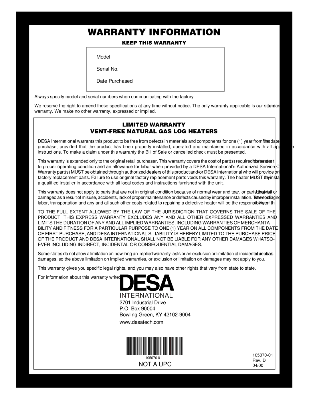 Desa VFN24MV VFN30MV installation manual Warranty Information 