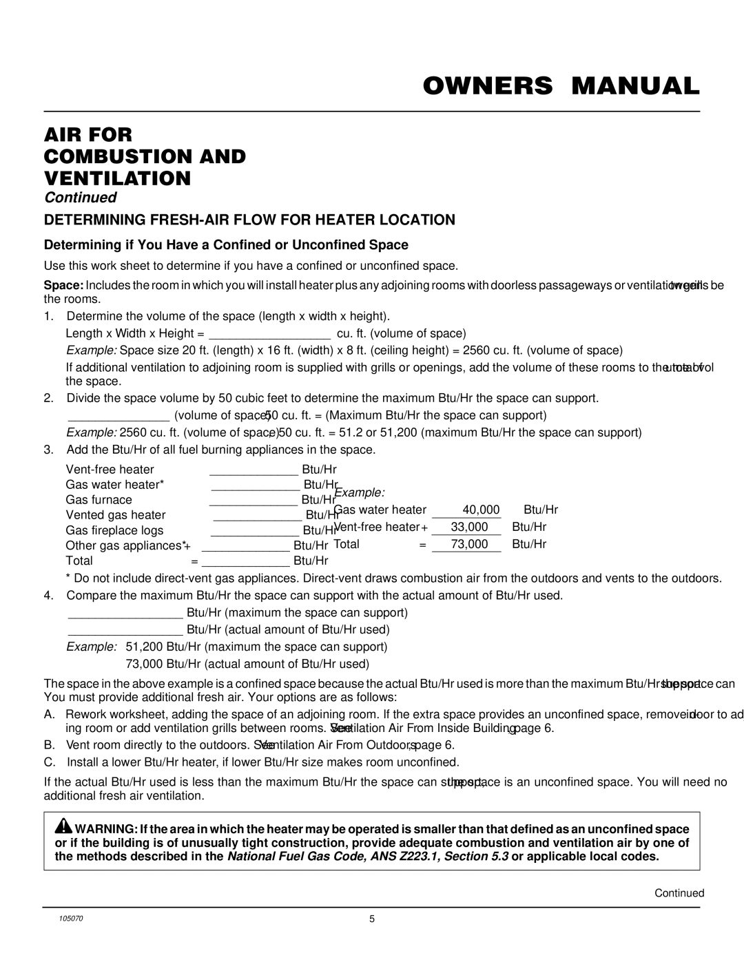 Desa VFN24MV VFN30MV installation manual AIR for Combustion Ventilation, Determining FRESH-AIR Flow for Heater Location 