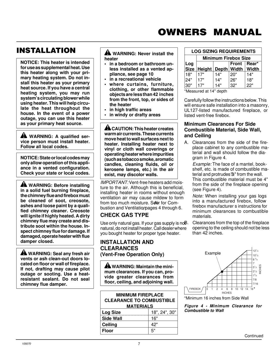 Desa VFN24MV VFN30MV installation manual Check GAS Type, Installation Clearances, Vent-Free Operation Only 