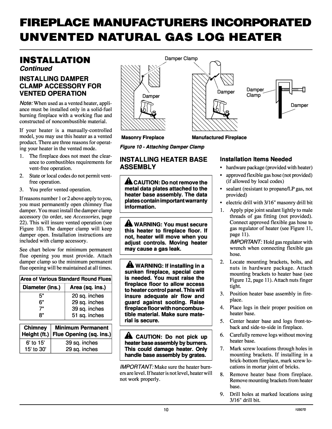 Desa VFN24MV VFN30MV installation manual Installing Heater Base Assembly, Installation Items Needed, Continued 