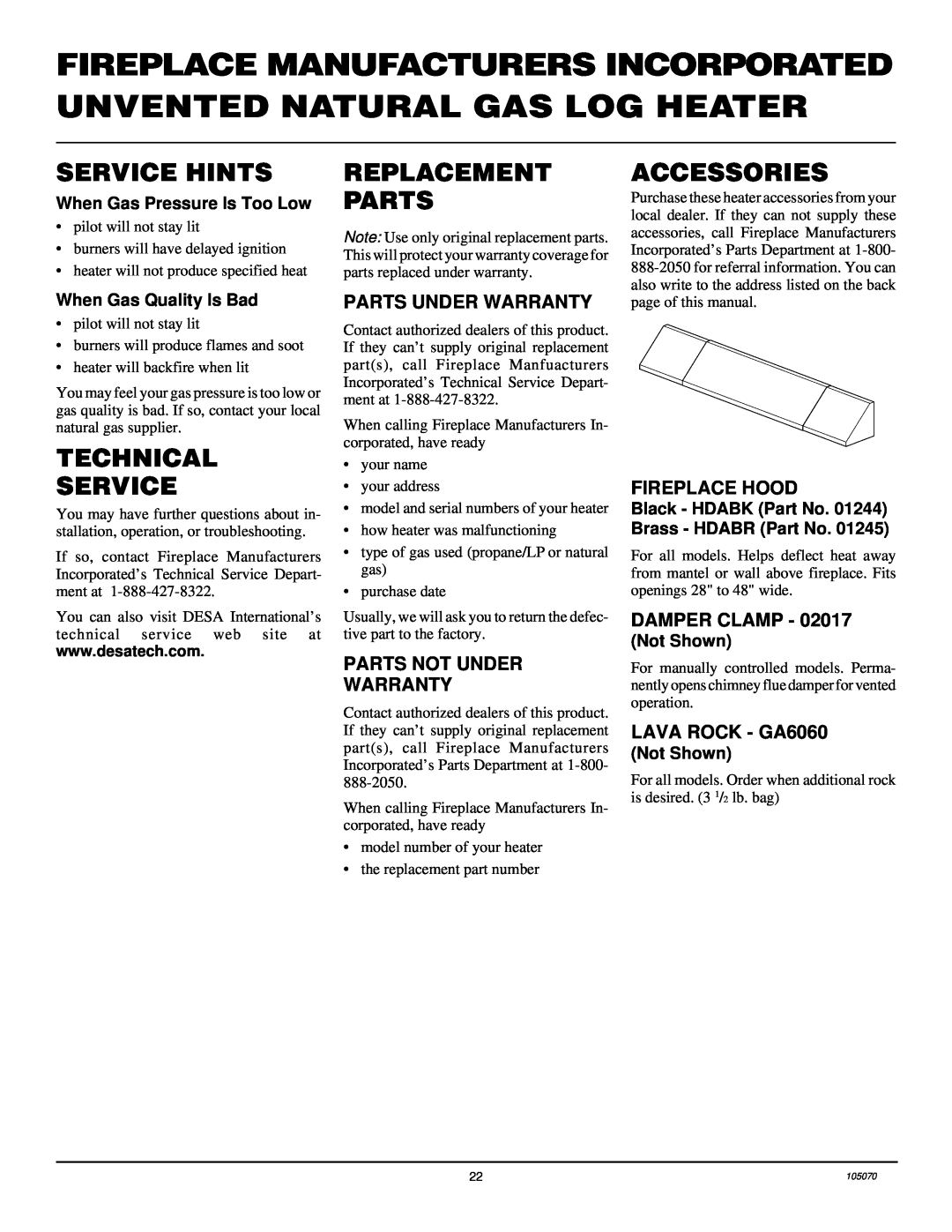 Desa VFN24MV VFN30MV Service Hints, Technical Service, Replacement Parts, Accessories, Parts Under Warranty, Damper Clamp 