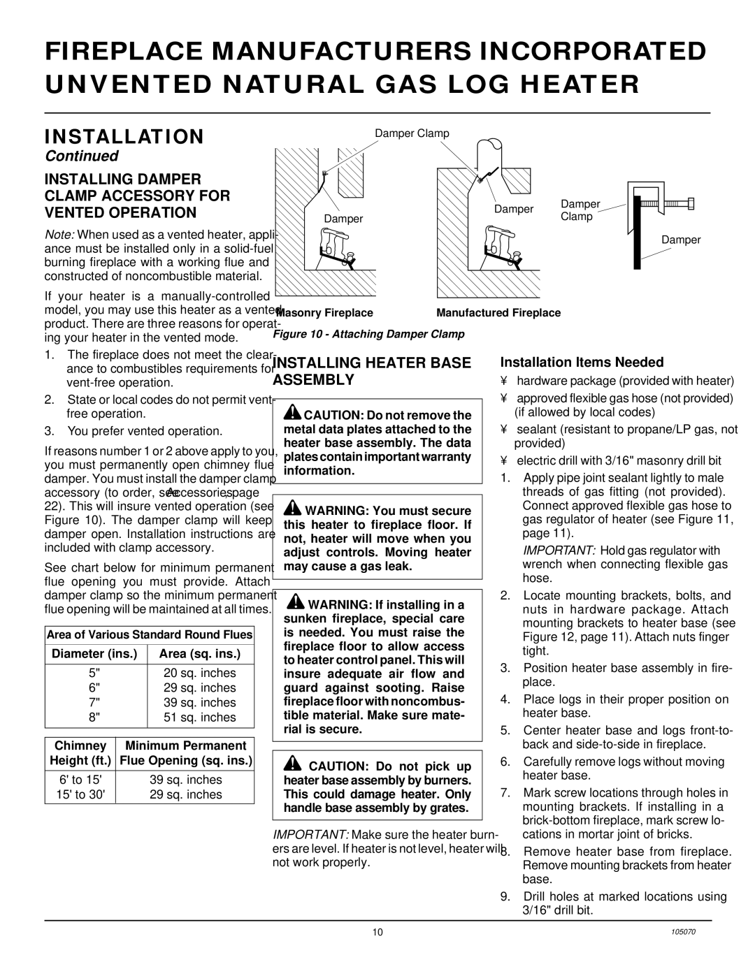 Desa VFN18MV, VFN30MV, VFN24MV Installing Damper Clamp Accessory for Vented Operation, Installing Heater Base Assembly 