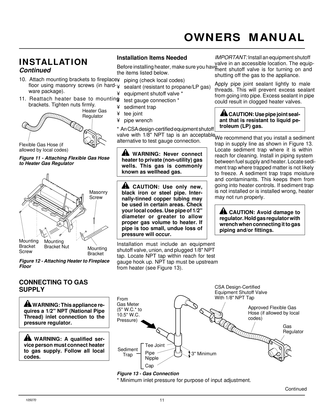 Desa VFN24MV, VFN30MV, VFN18MV Connecting to GAS Supply, Attaching Flexible Gas Hose to Heater Gas Regulator 