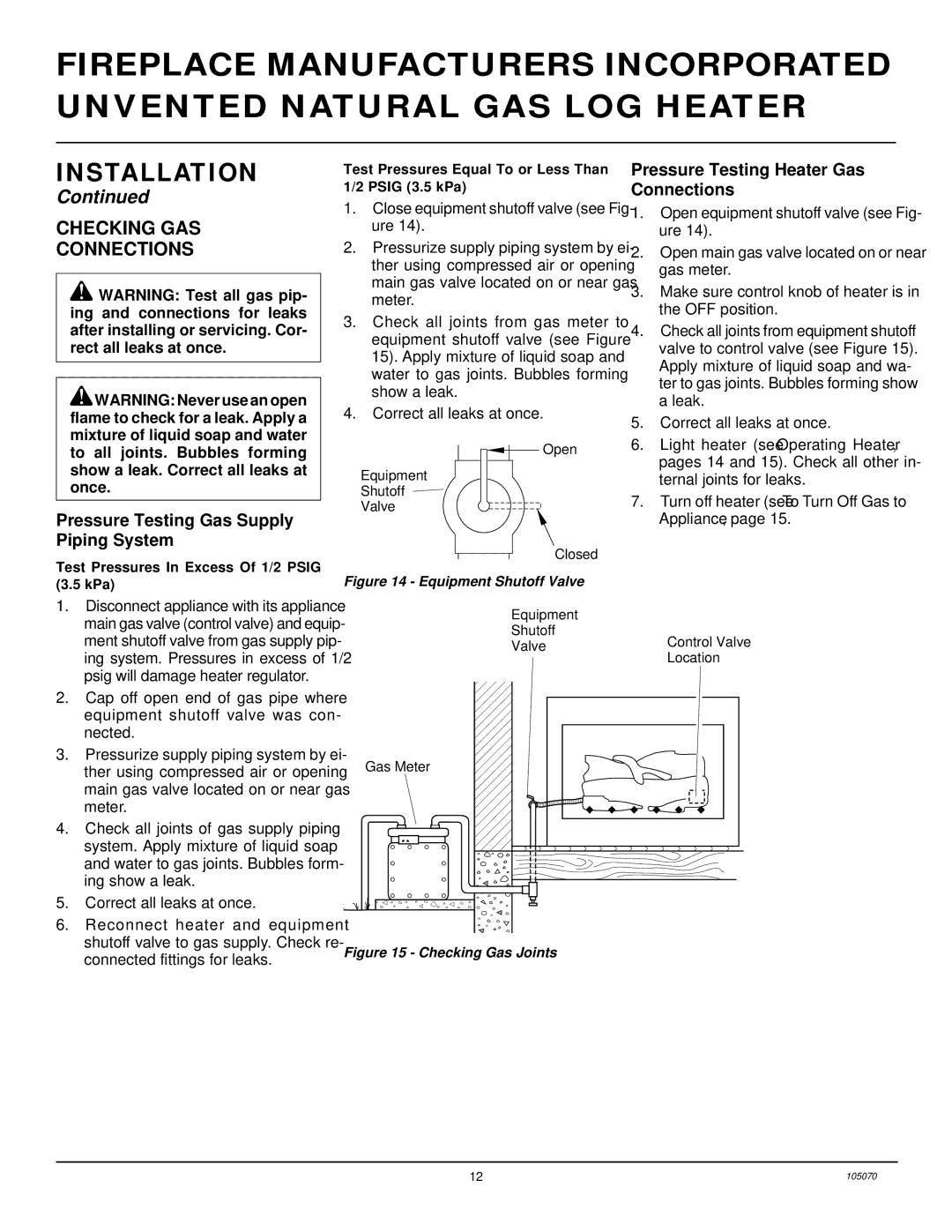 Desa VFN30MV Checking GAS Connections, Pressure Testing Gas Supply Piping System, Pressure Testing Heater Gas Connections 