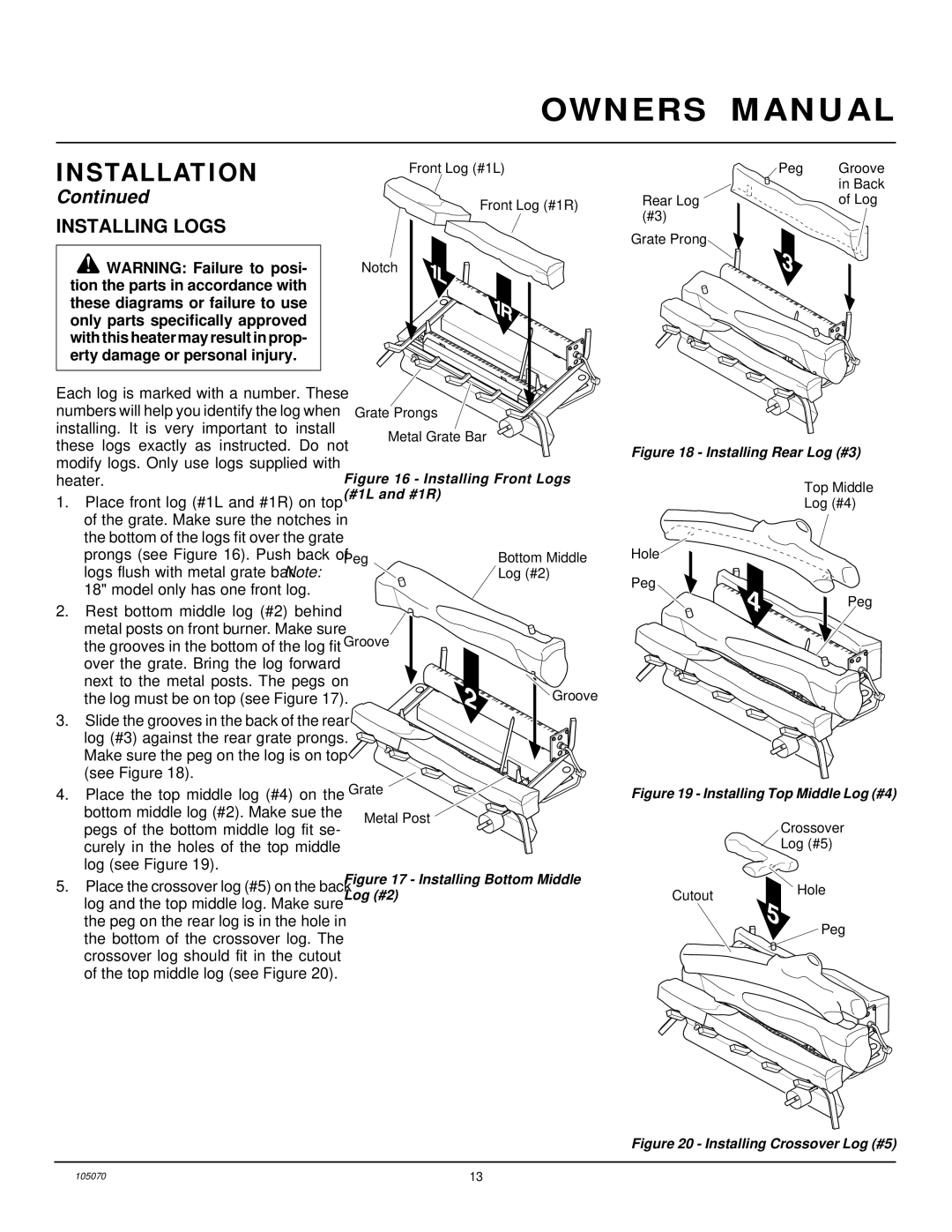 Desa VFN18MV, VFN30MV, VFN24MV installation manual Installing Logs, Installing Front Logs #1L and #1R 