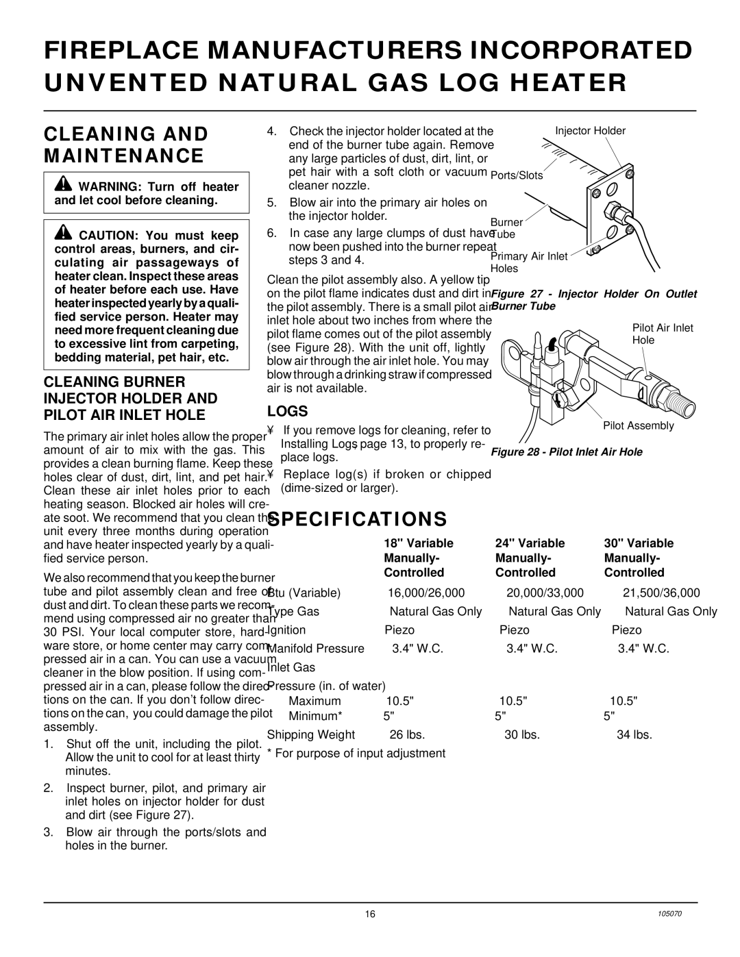 Desa VFN18MV Cleaning and Maintenance, Specifications, Cleaning Burner Injector Holder and Pilot AIR Inlet Hole, Logs 