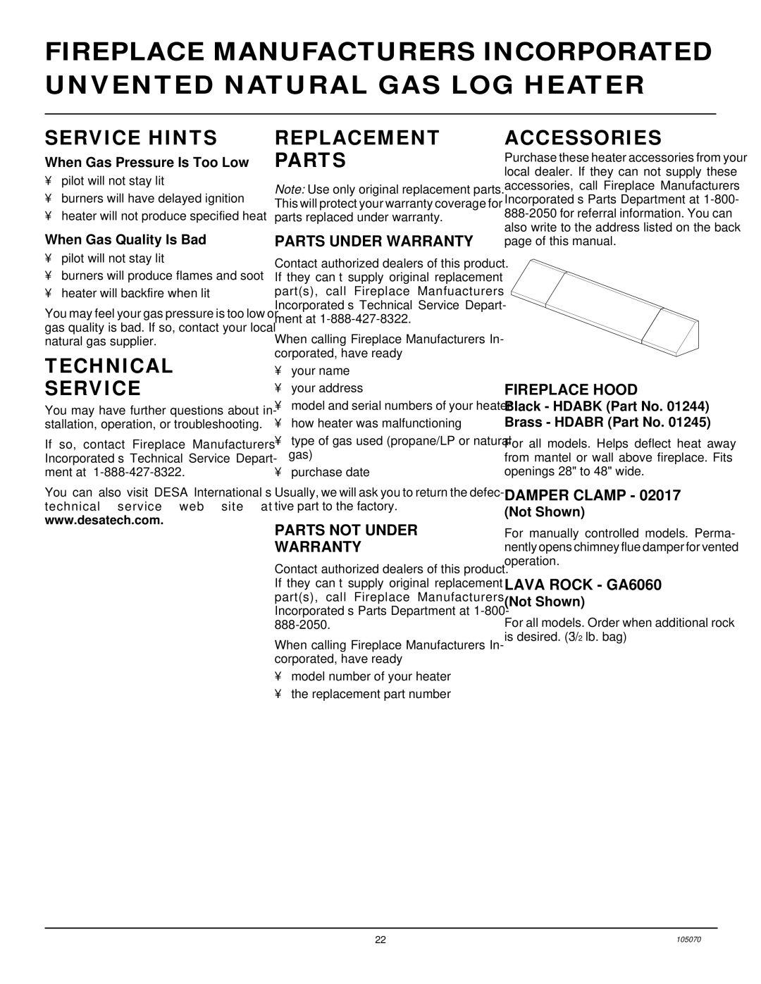 Desa VFN18MV, VFN30MV, VFN24MV installation manual Service Hints, Replacement Parts Accessories, Technical Service 