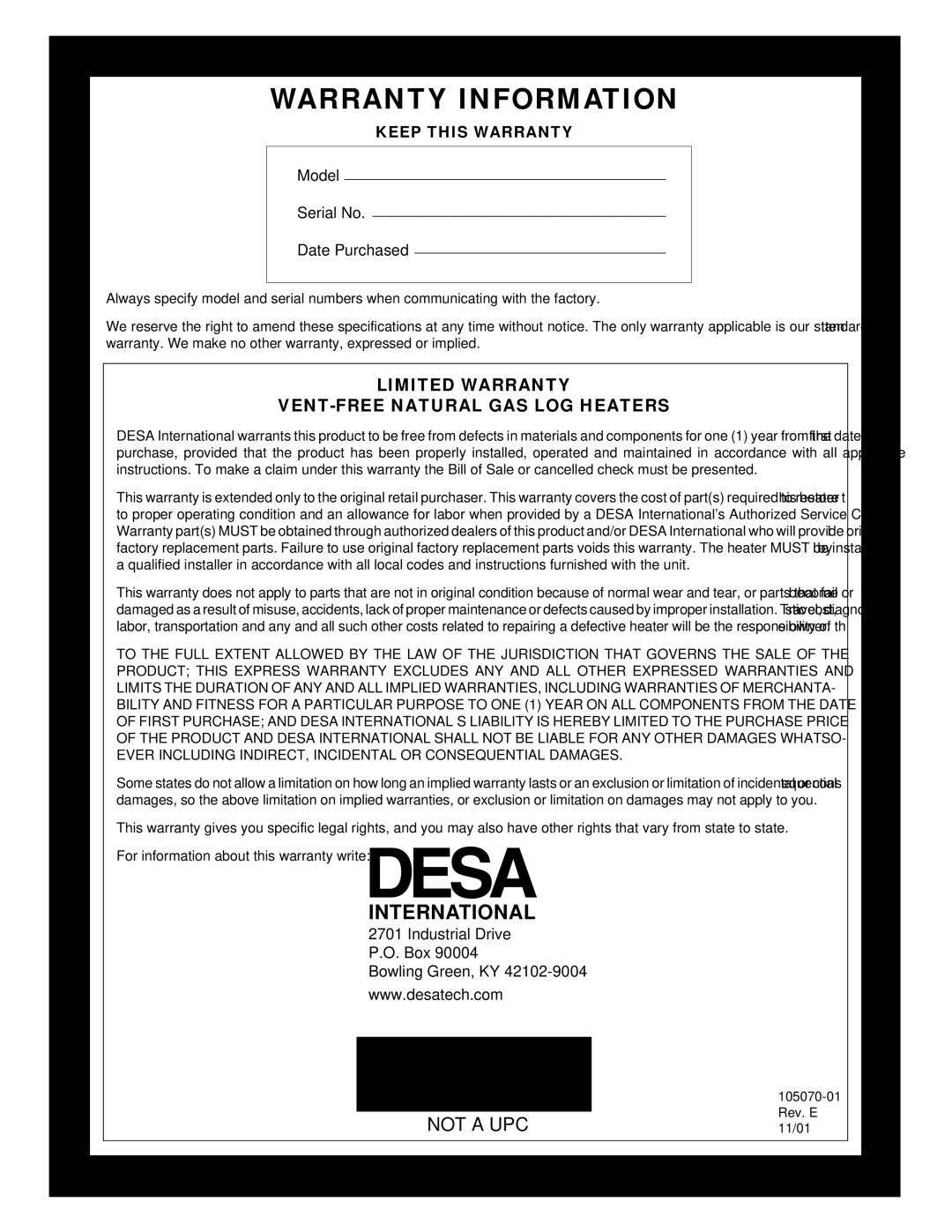 Desa VFN30MV, VFN18MV, VFN24MV installation manual Warranty Information 