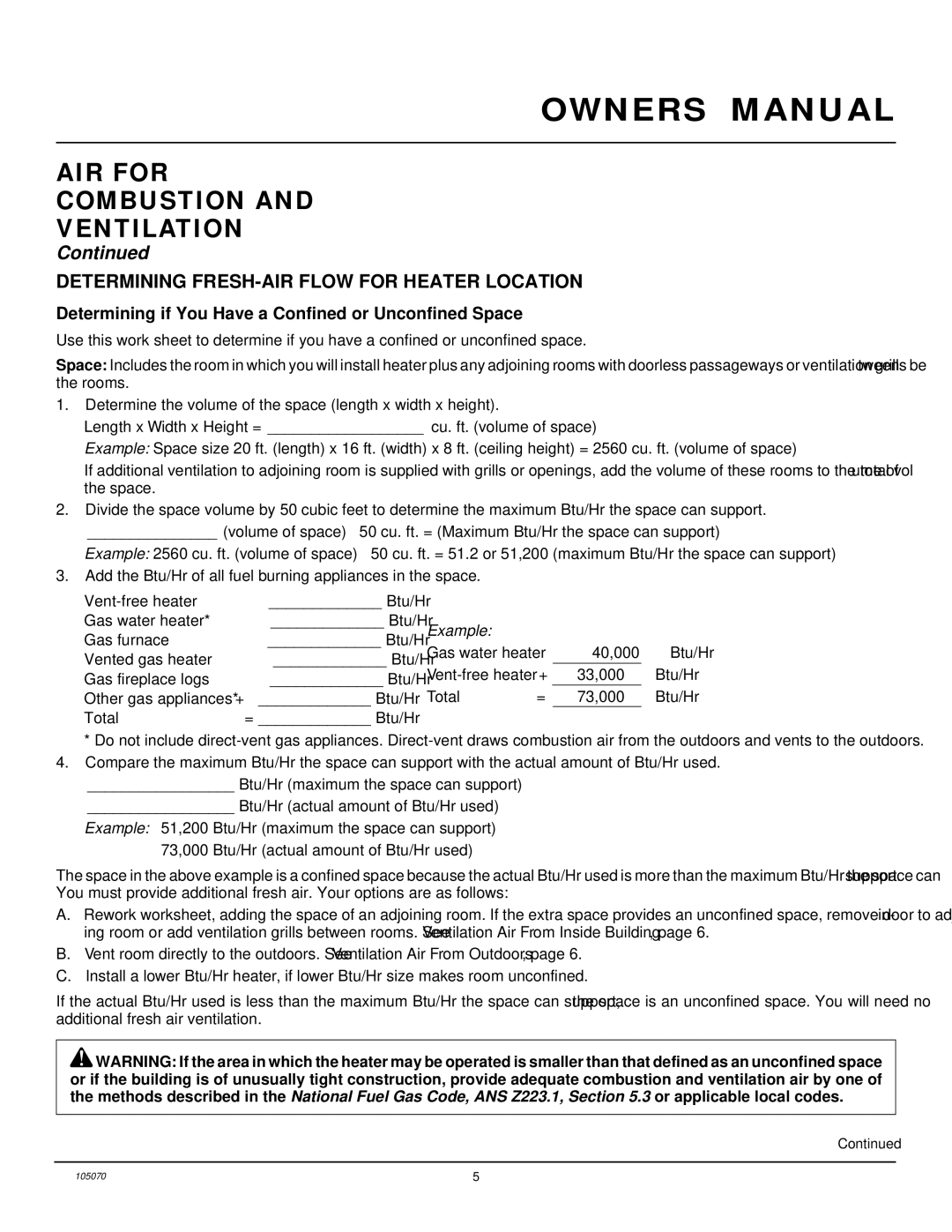 Desa VFN24MV, VFN30MV, VFN18MV AIR for Combustion Ventilation, Determining FRESH-AIR Flow for Heater Location 