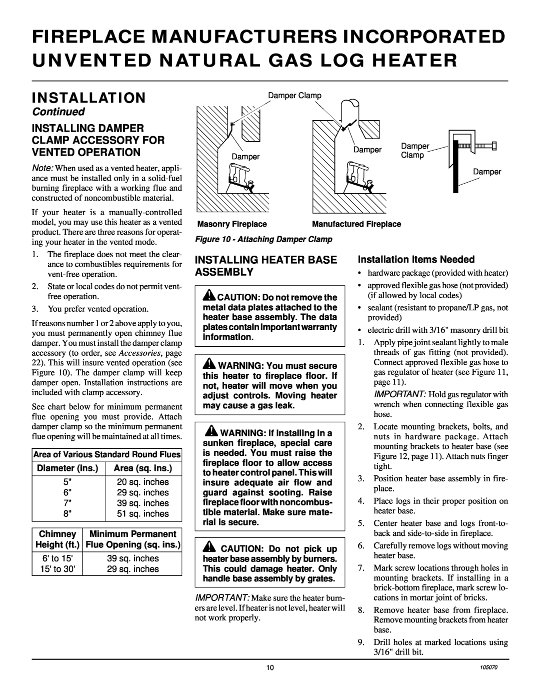 Desa VFN18MV, VFN30MV, VFN24MV installation manual Installing Heater Base Assembly, Installation Items Needed, Continued 
