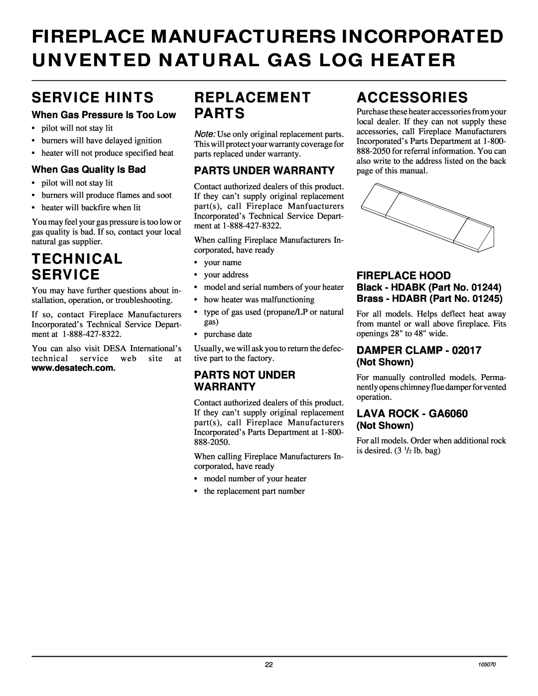 Desa VFN18MV Service Hints, Replacement Parts, Accessories, Technical Service, Parts Under Warranty, Fireplace Hood 