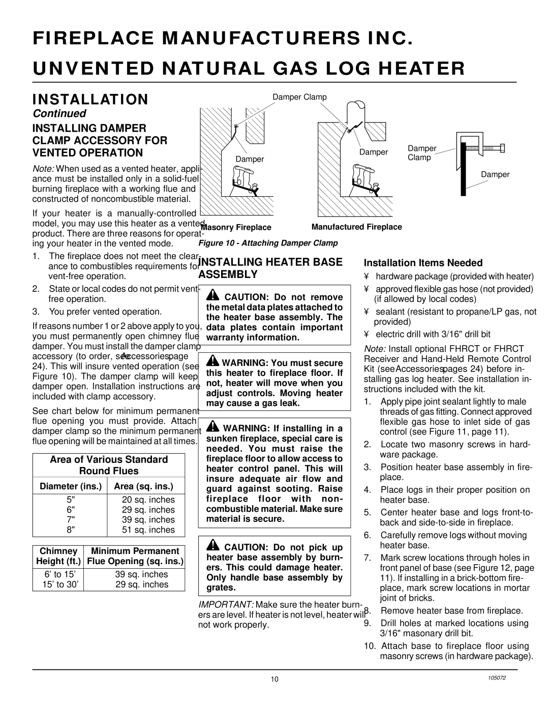 Desa VFN24R, VFN30R, VFN18R Installing Damper Clamp Accessory for Vented Operation, Installing Heater Base Assembly 