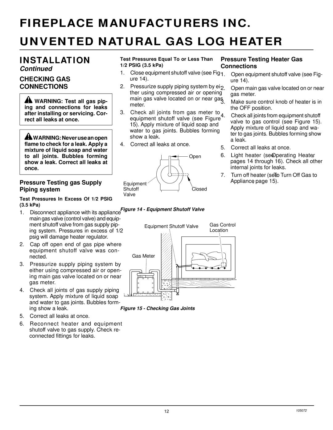 Desa VFN30R Checking GAS Connections, Pressure Testing gas Supply Piping system, Pressure Testing Heater Gas Connections 