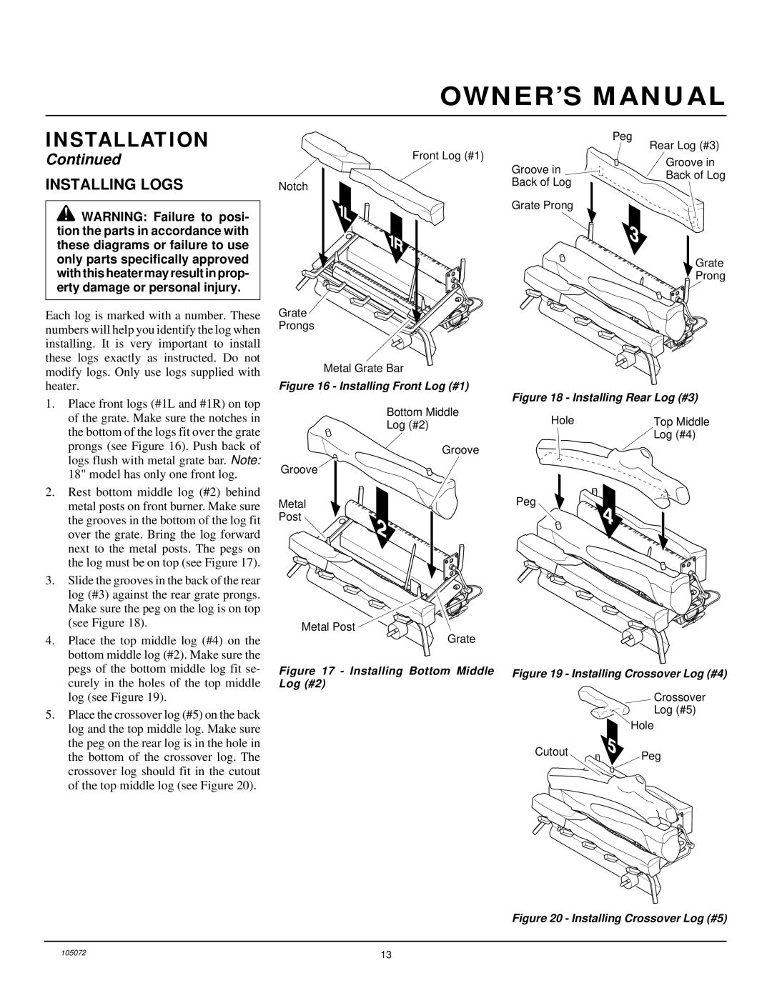 Desa VFN24R, VFN30R, VFN18R installation manual Installing Logs, Installing Front Log #1 