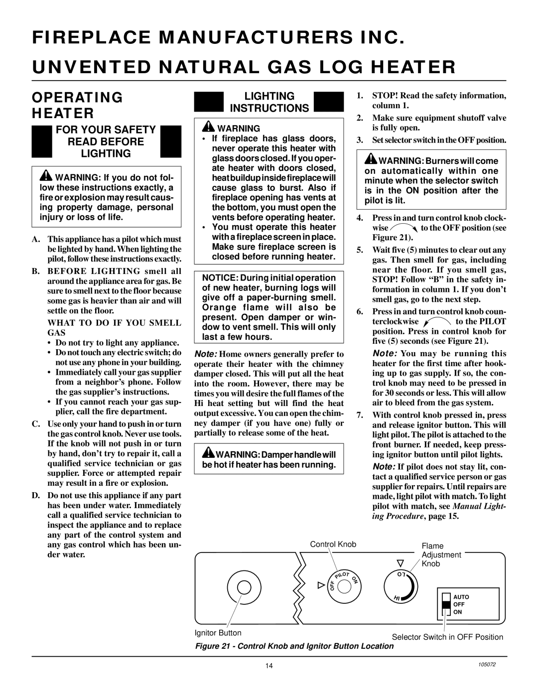 Desa VFN18R, VFN30R, VFN24R installation manual Operating Heater, For Your Safety Read Before Lighting, Lighting Instructions 