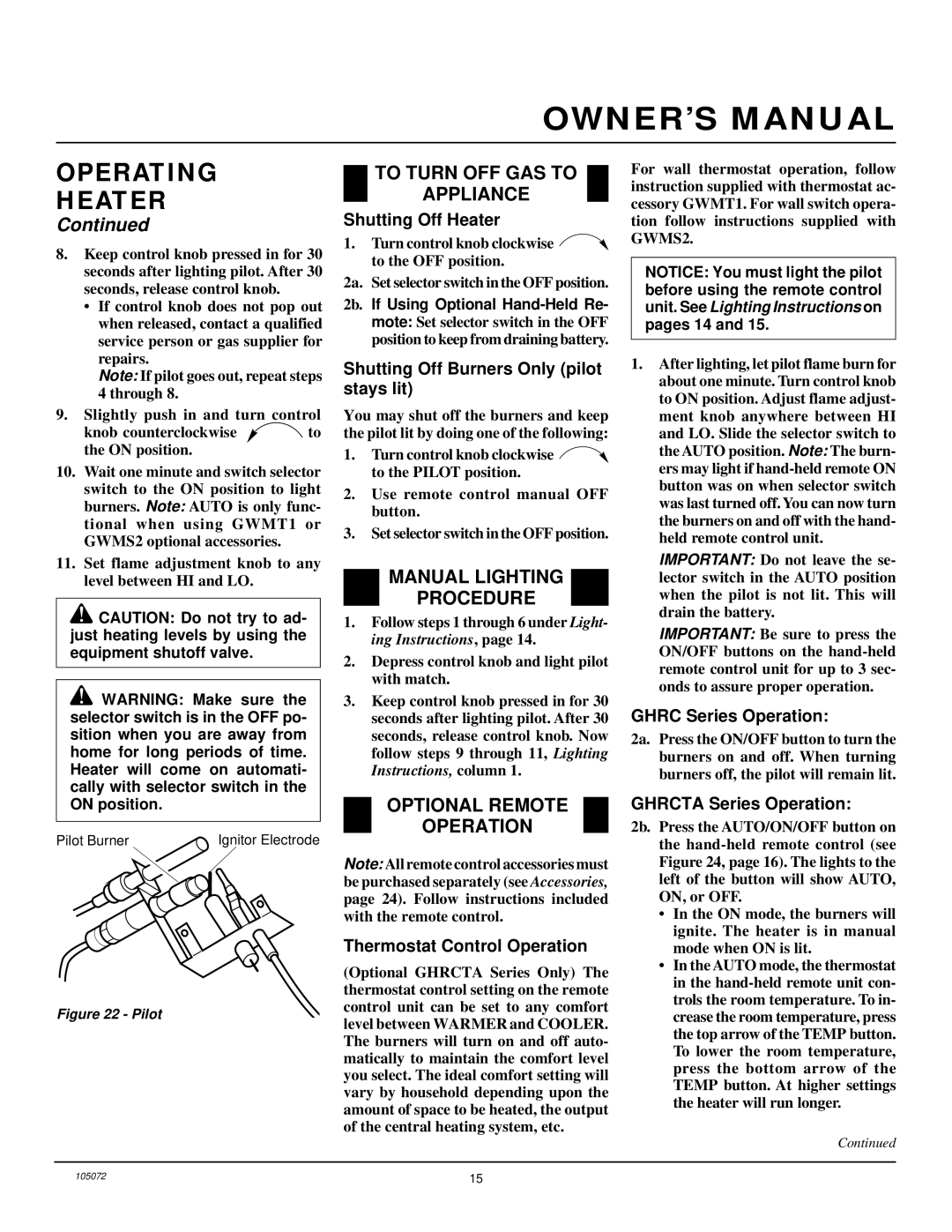 Desa VFN30R, VFN24R, VFN18R To Turn OFF GAS to Appliance, Manual Lighting Procedure, Optional Remote Operation 