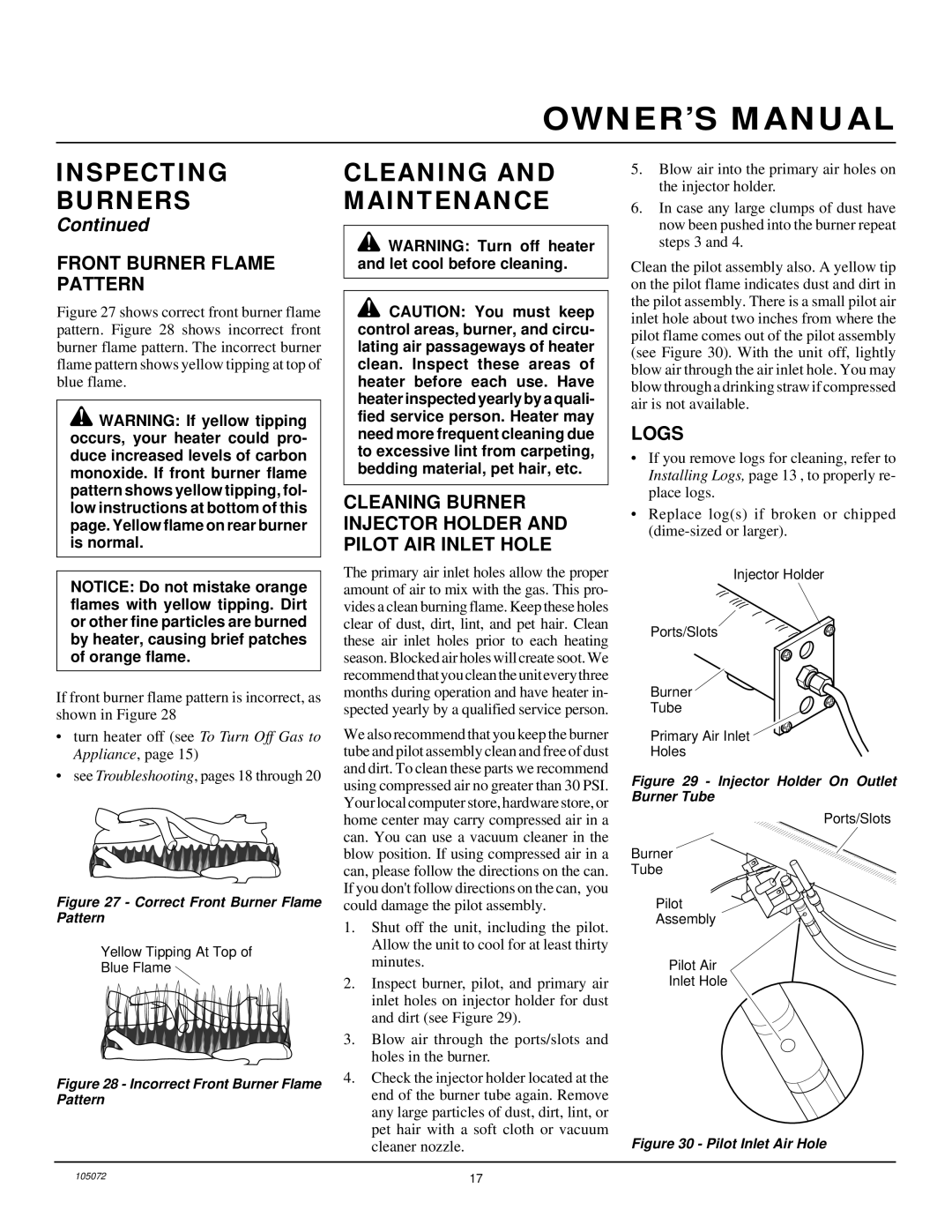 Desa VFN18R Cleaning and Maintenance, Front Burner Flame Pattern, Cleaning Burner Injector Holder and Pilot AIR Inlet Hole 