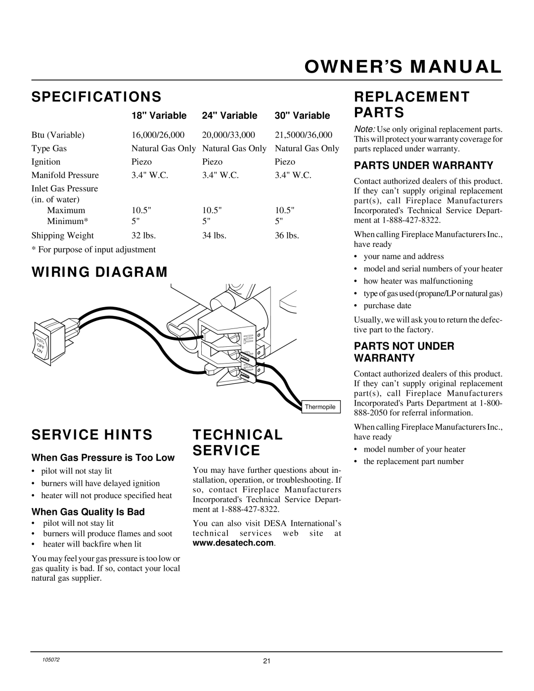 Desa VFN30R, VFN24R, VFN18R Specifications, Wiring Diagram, Replacement Parts, Service Hints, Technical Service 