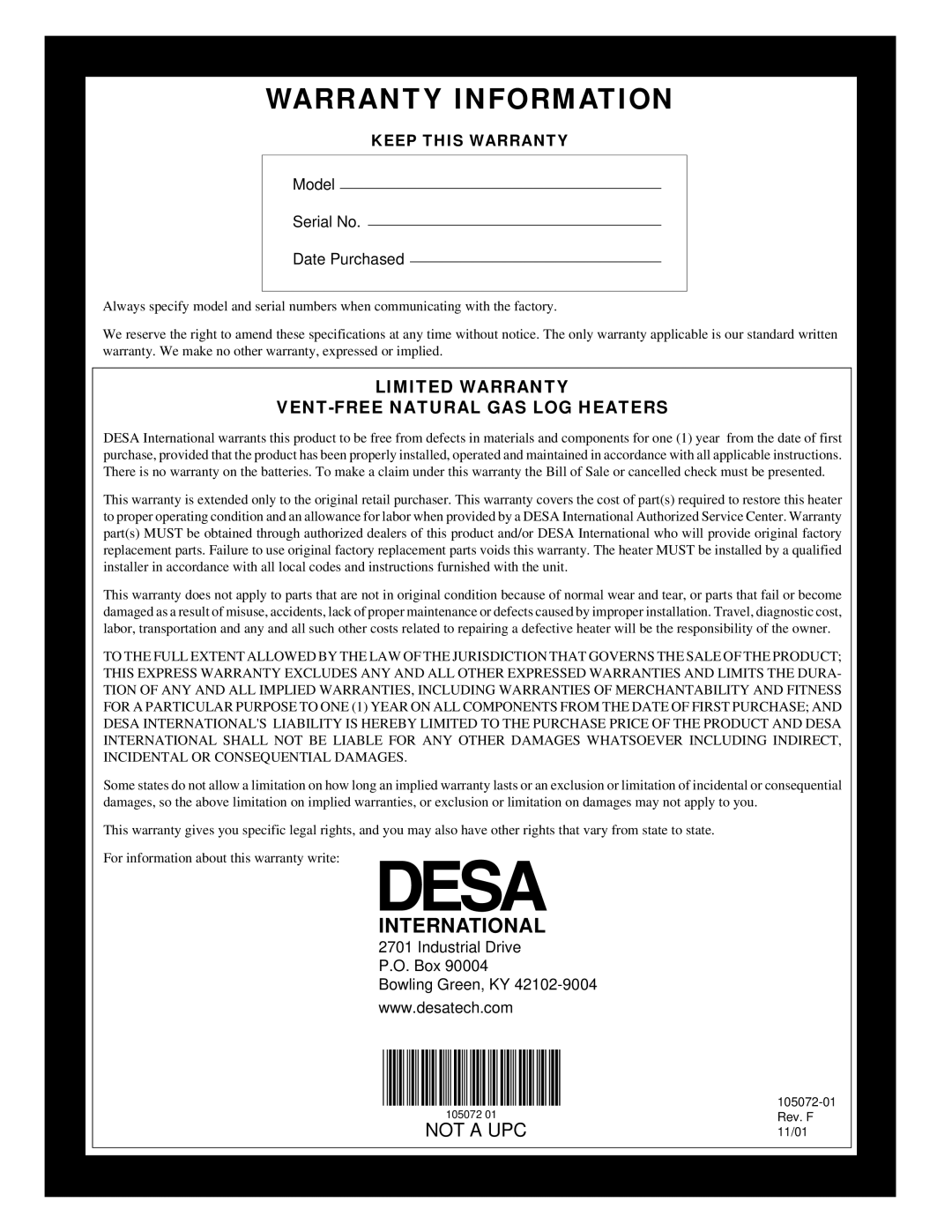 Desa VFN18R, VFN30R, VFN24R installation manual Warranty Information 