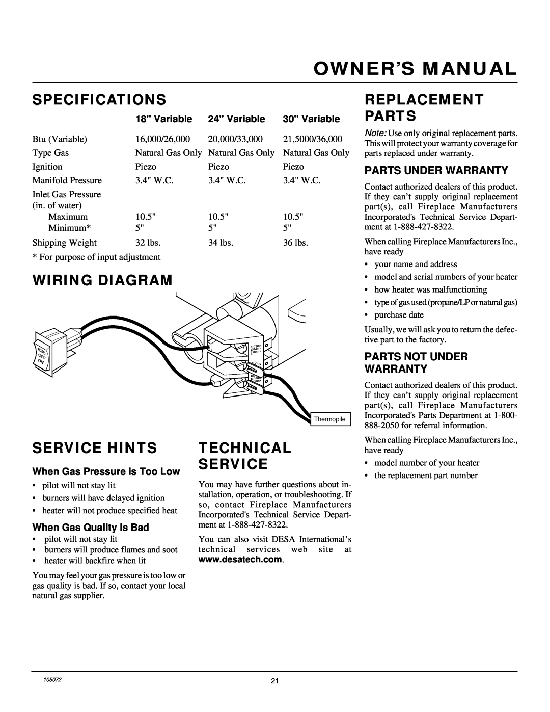 Desa VFN30R, VFN24R, VFN18R Specifications, Wiring Diagram, Replacement Parts, Service Hints, Technical Service 