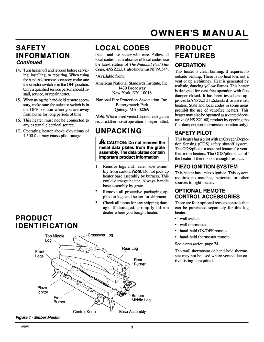 Desa VFN30R, VFN24R, VFN18R Product Identification, Local Codes, Unpacking, Product Features, Continued, Safety Information 