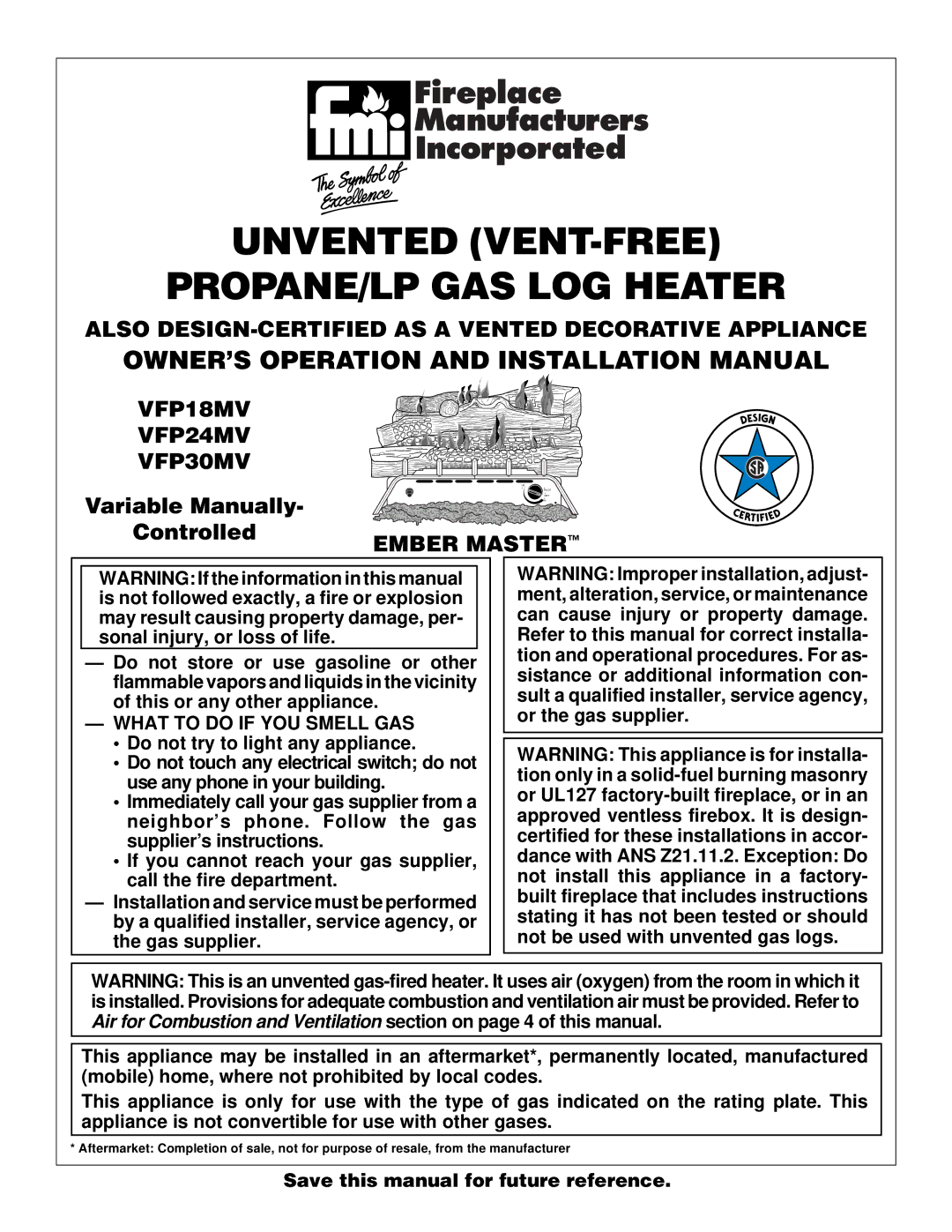 Desa VFP24MV, VFP18MV, VFP30MV installation manual OWNER’S Operation and Installation Manual, What to do if YOU Smell GAS 