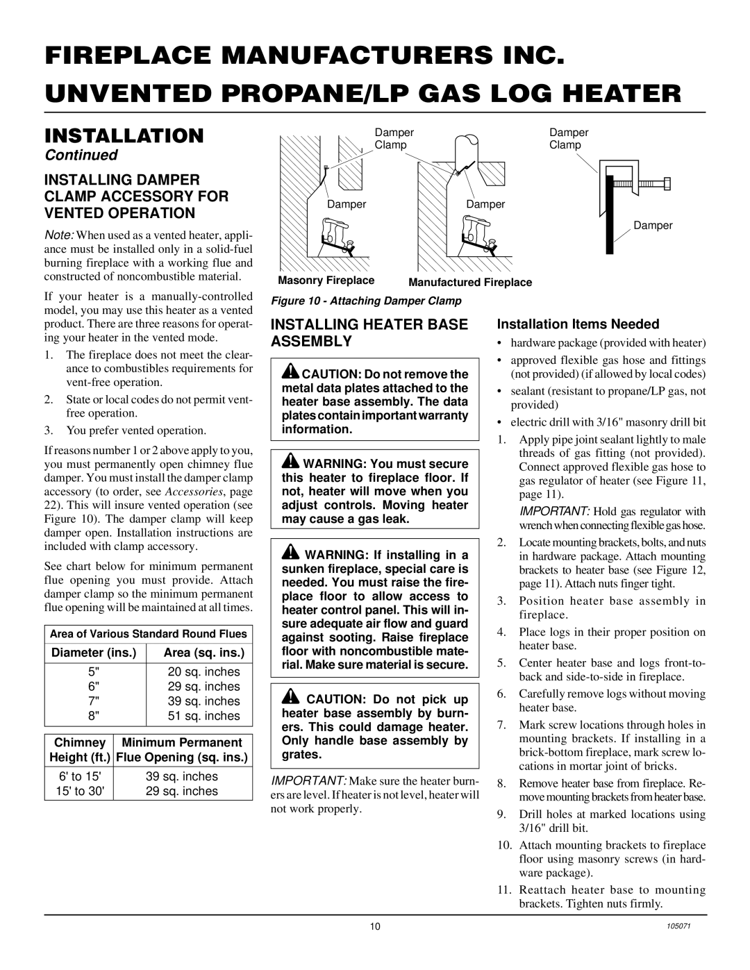 Desa VFP24MV, VFP18MV, VFP30MV Installing Damper Clamp Accessory for Vented Operation, Installing Heater Base Assembly 