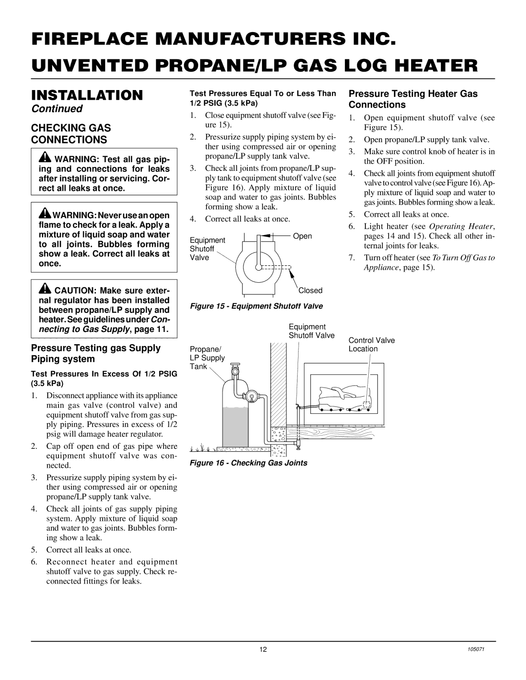 Desa VFP18MV Checking GAS Connections, Pressure Testing Heater Gas Connections, Pressure Testing gas Supply Piping system 