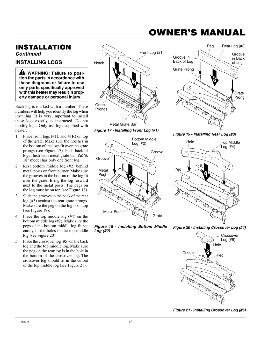 Desa VFP24MV, VFP18MV, VFP30MV installation manual Installing Logs, Installing Front Log #1 