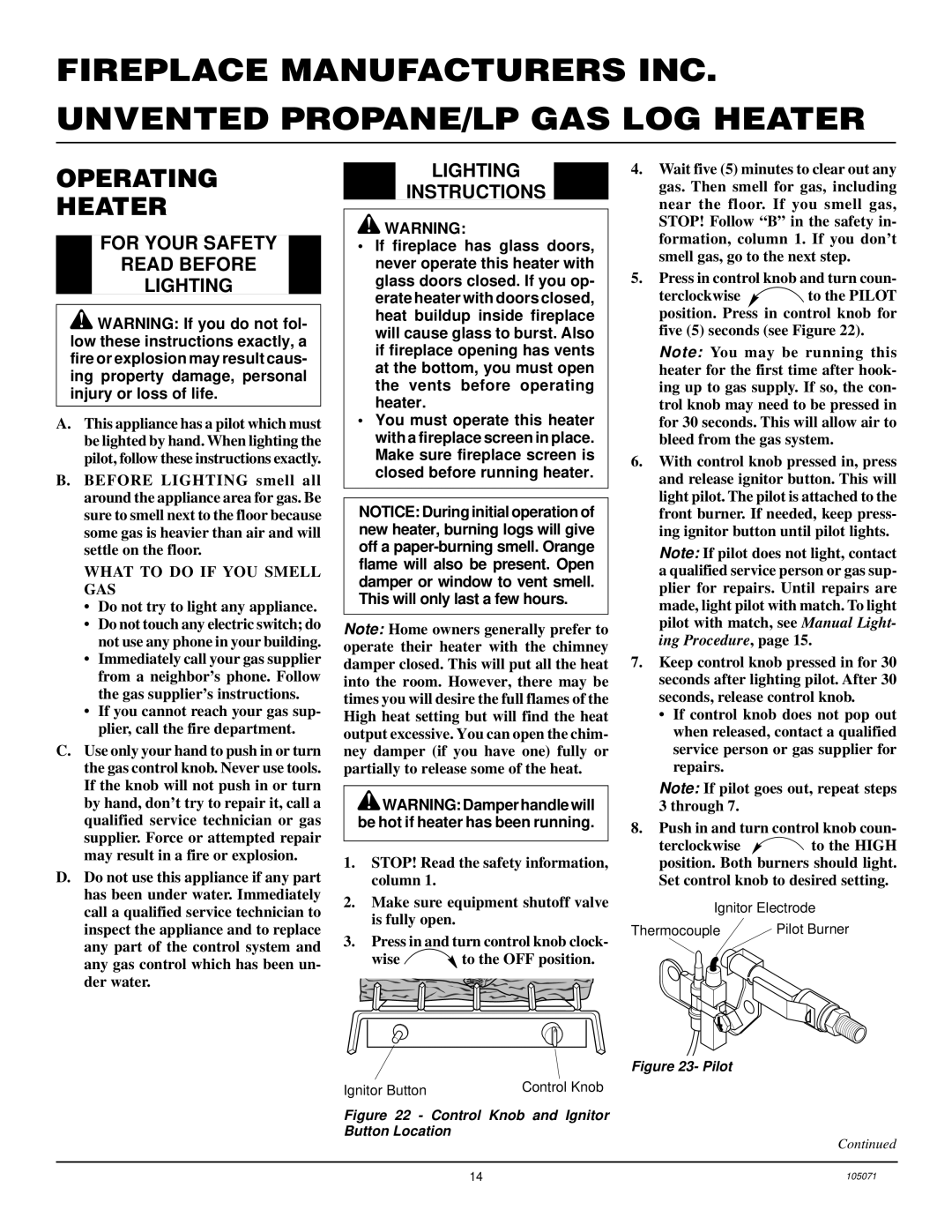 Desa VFP30MV, VFP18MV, VFP24MV Operating Heater, For Your Safety Read Before Lighting, Lighting Instructions 