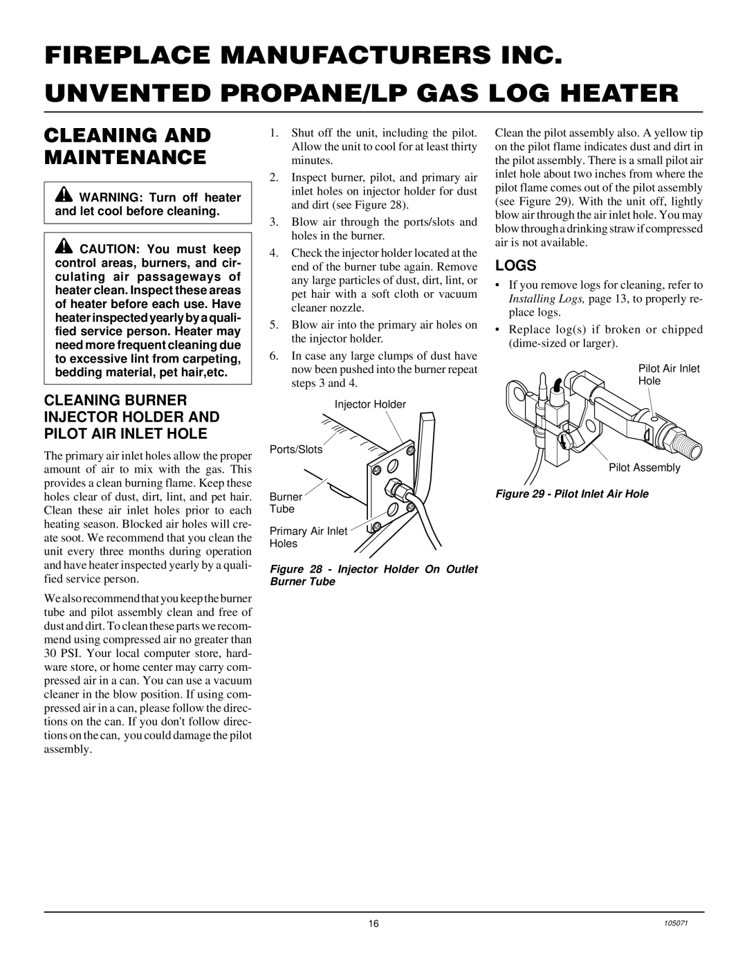 Desa VFP24MV, VFP18MV, VFP30MV Cleaning and Maintenance, Cleaning Burner Injector Holder and Pilot AIR Inlet Hole, Logs 