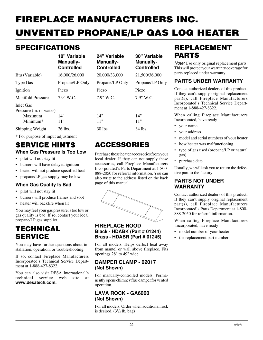 Desa VFP24MV, VFP18MV, VFP30MV Specifications, Service Hints, Technical Service, Accessories, Replacement Parts 