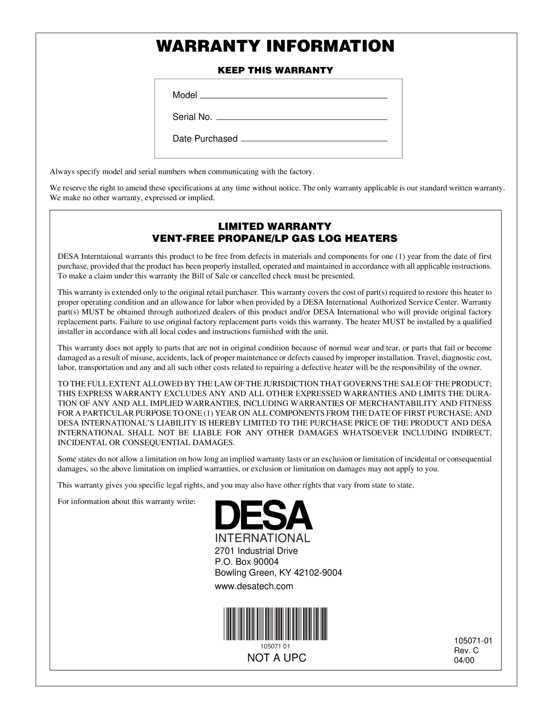 Desa VFP18MV, VFP24MV, VFP30MV installation manual Warranty Information 