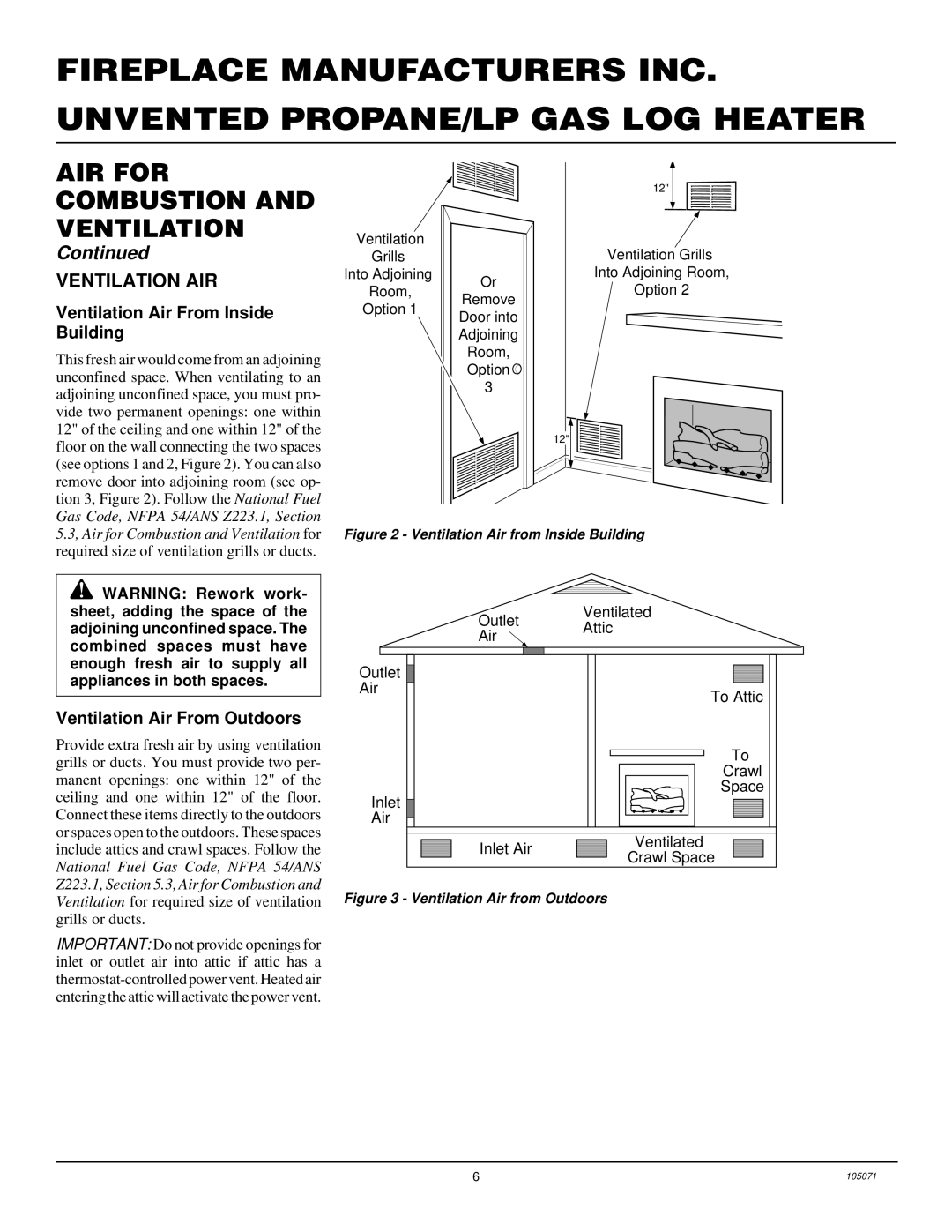 Desa VFP18MV, VFP24MV, VFP30MV Ventilation AIR, Ventilation Air From Inside Building, Ventilation Air From Outdoors 