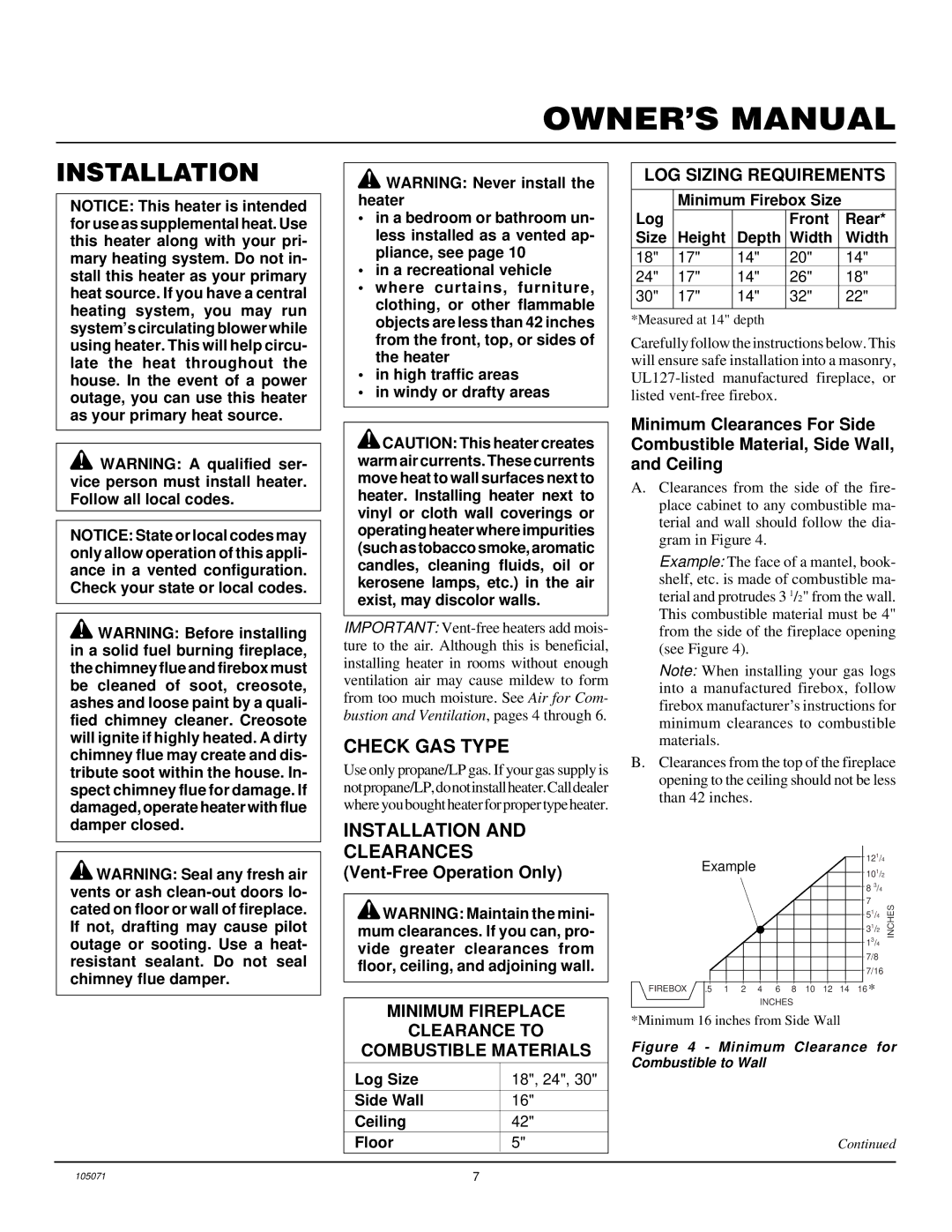 Desa VFP24MV, VFP18MV, VFP30MV installation manual Check GAS Type, Installation Clearances, Vent-Free Operation Only 