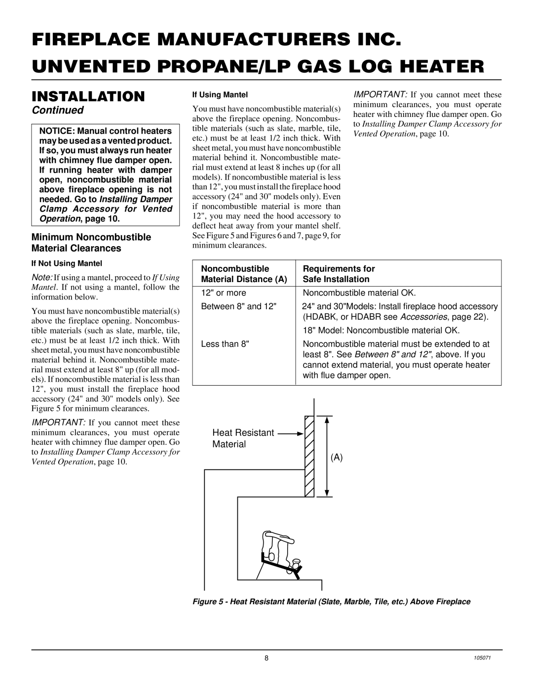 Desa VFP30MV, VFP18MV, VFP24MV installation manual Minimum Noncombustible Material Clearances, If Using Mantel 