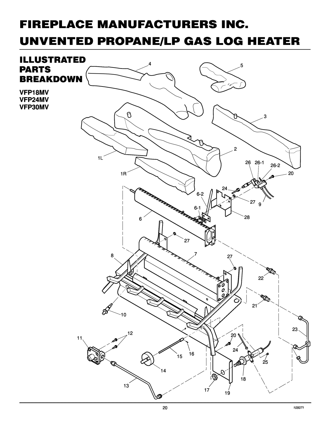 Desa VFP30MV, VFP18MV Illustrated, Parts Breakdown, Fireplace Manufacturers Inc, Unvented Propane/Lp Gas Log Heater 