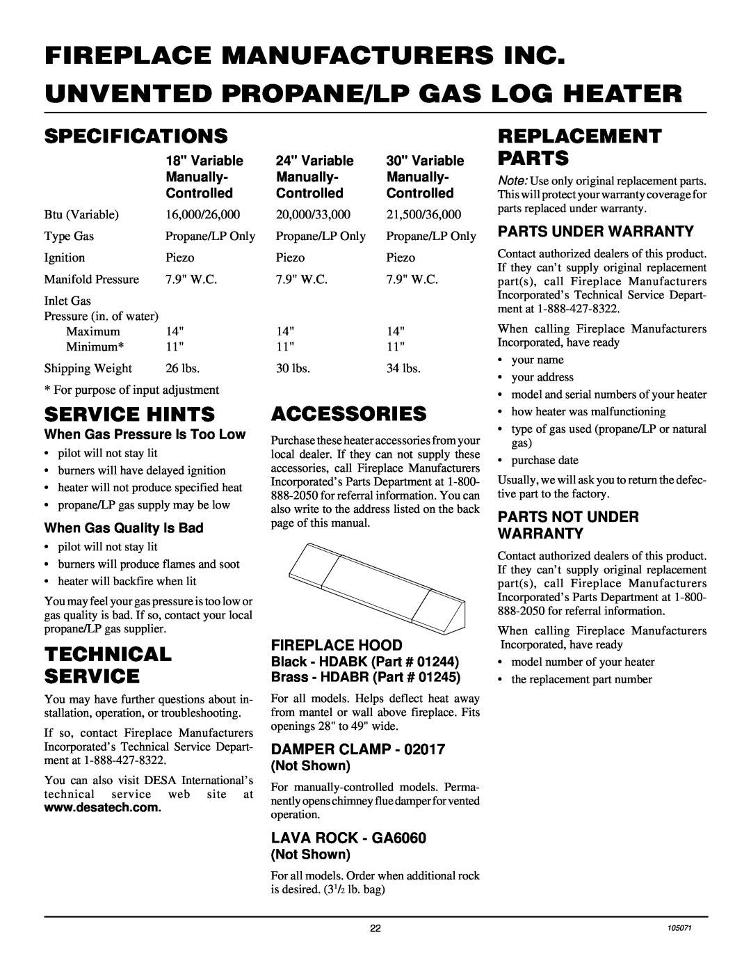 Desa VFP24MV Specifications, Service Hints, Technical Service, Accessories, Replacement Parts, Fireplace Manufacturers Inc 