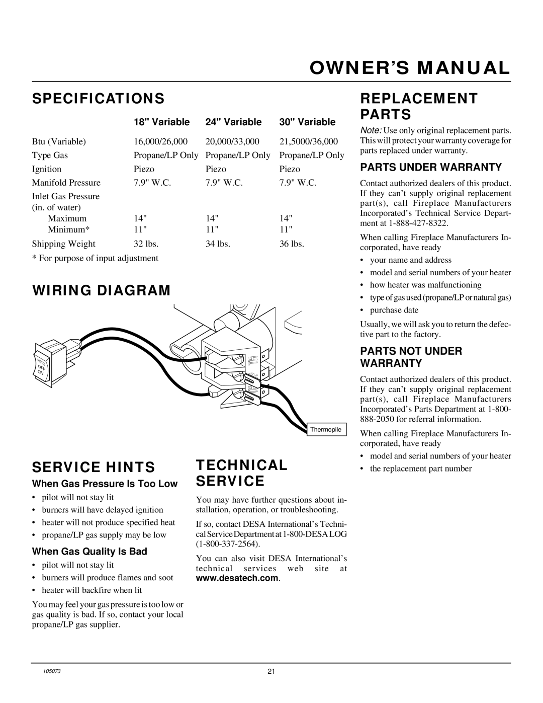 Desa VFP18R, VFP30R, VFP24R Specifications, Wiring Diagram, Replacement Parts, Service Hints, Technical Service 